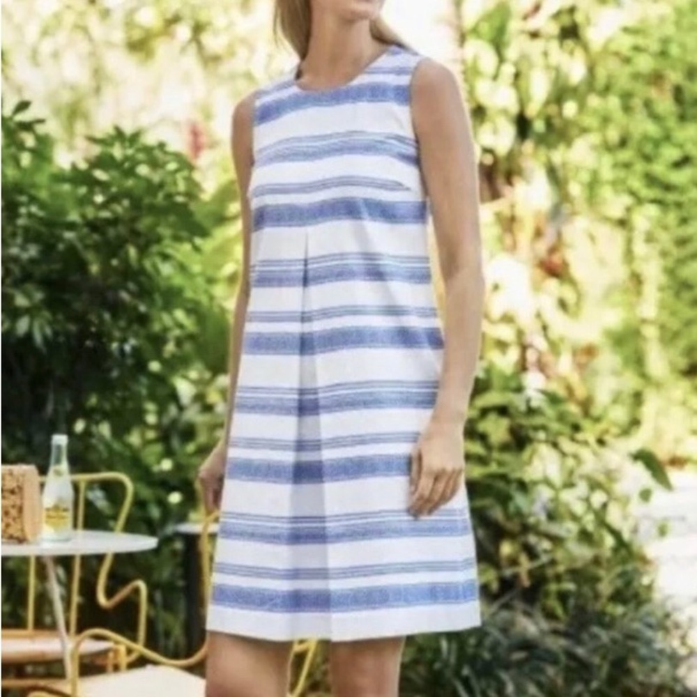 J McLaughlin Dress Tracy Cotton Blend Blue White Nautical Stripe M Shift Beach